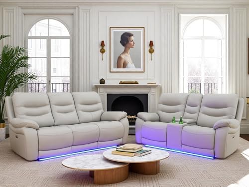 Power Recliner Sofa Set with LED Lights, Air Leather Reclining Sofa with Charge - Image 6