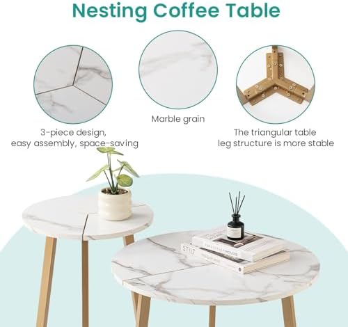 SUNBURY Coffee Table Nesting White Set of 2, Round Coffee Table 23.6", Side - Image 3