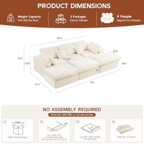 117.5" Oversized Boneless Sleeper Couch, Deep Seat Modular Sectional Sofa Bed - Image 2
