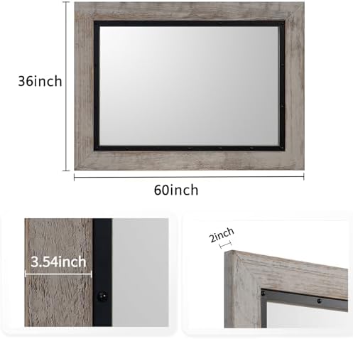 YOSHOOT Rustic Wooden Framed Wall Mirror, Natural Wood and Iron Bathroom Vanity - Image 3