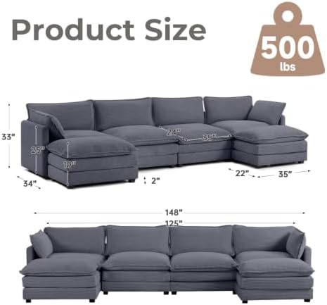 Modular Sectional Sofa, 6 Seat Modern Corduroy Cloud Couch - Image 2