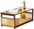 Tiita Bamboo Coffee Table, Glass Top, Rattan Storage, 2-Tier Storage by TiitaHome