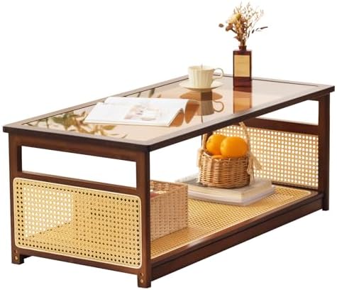 Tiita Bamboo Coffee Table, Glass Top, Rattan Storage, 2-Tier Storage by TiitaHome