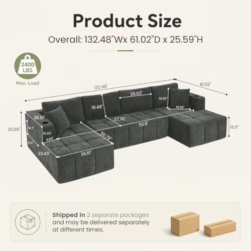 Yafylly 132 Inch U Shaped Modular Sectional Couch - Image 2