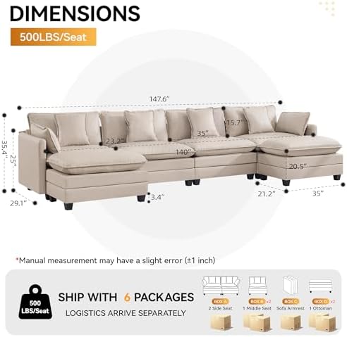 147'' Sectional Cloud Deep Seat Couch, Oversized Leather U Shaped Sectional Sofa - Image 2