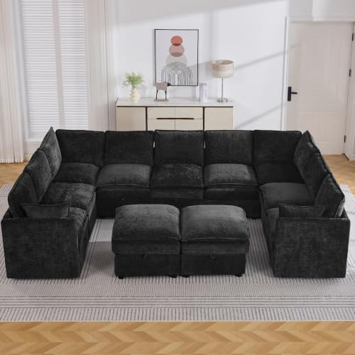 130" Black Oversized Modular Storage Sofa, U Shaped Chenille Cloud Couch by Abbrevi
