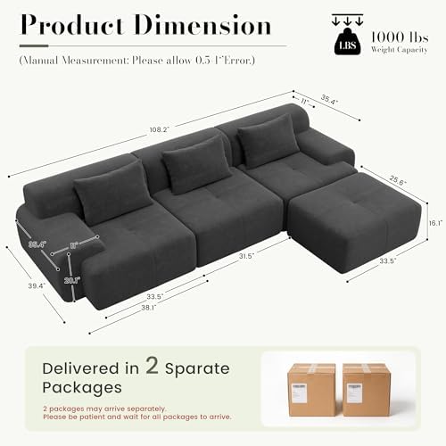 GRUSIGN 108'' Modular Boneless Sofa, Sectional Couch - Image 2