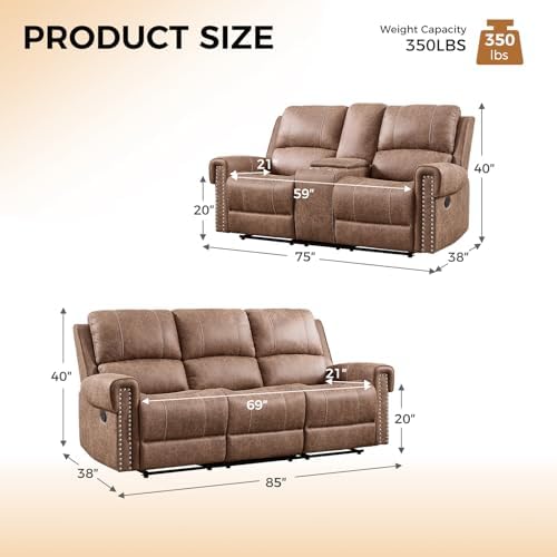 CANMOV 2 Pieces Faux Leather Manual Reclining Couch Furniture Set - Image 2