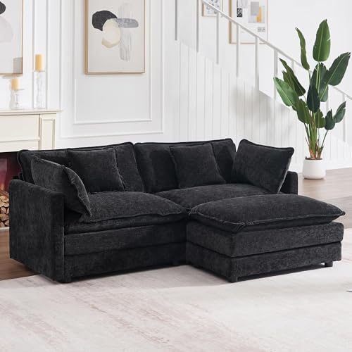 Tmsan 76.7" Black L Shaped Sectional Couch, Cloud Loveseat Sofa w/Ottoman by TmsanHomeKitchen