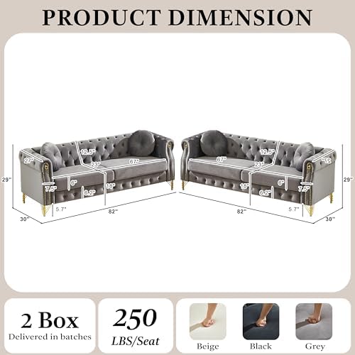 2 Pieces Grey Velvet Chesterfield 82" 3-Seater Sofa Sets, Featuring Copper Stud - Image 2