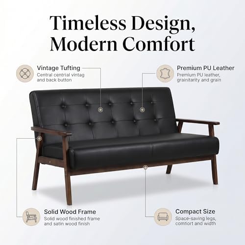 51" Black Faux Leather Mid Century Modern Loveseat - Image 4