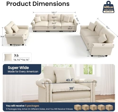 PHI VILLA Modular Sectional Sofa Set Living Room 3-Piece Extra Deep Seats - Image 2