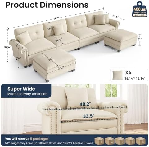 PHI VILLA 150" Oversized Modular Sectional Couch U Shaped - Image 2