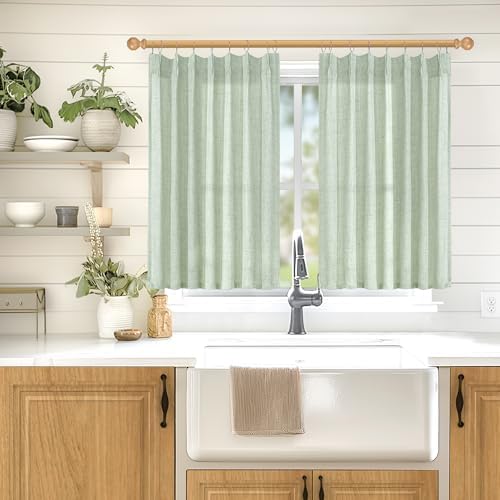 YoungsTex Sage Geen Kitchen Linen Curtains 36 Inch Length, Light Filtering - Image 2