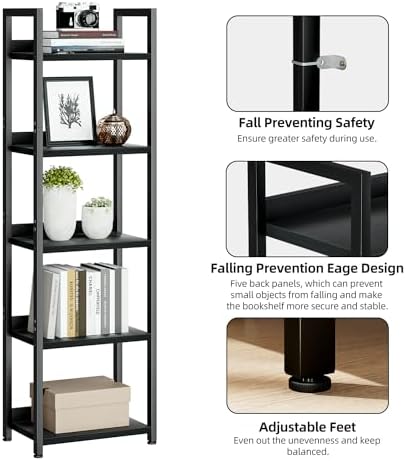 NUMENN Narrow Bookshelf, 5 Tier Bookshelves, Home Office Bookcase Shelf Storage - Image 5