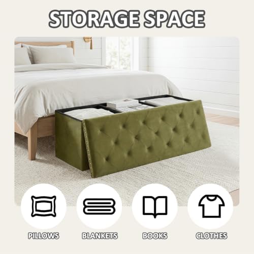PINPLUS Folding Storage Ottoman Bench, Olive Green Velvet - Image 6