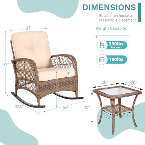 MEETWARM 3 Pieces Outdoor Wicker Rocking Chair Set, Rattan Patio Rocker Chairs - Image 5