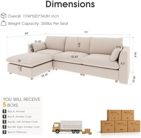 WorthFurni Oversized Modular Sectional Sofa, Comfty 4 Seat Modular Sofa - Image 2