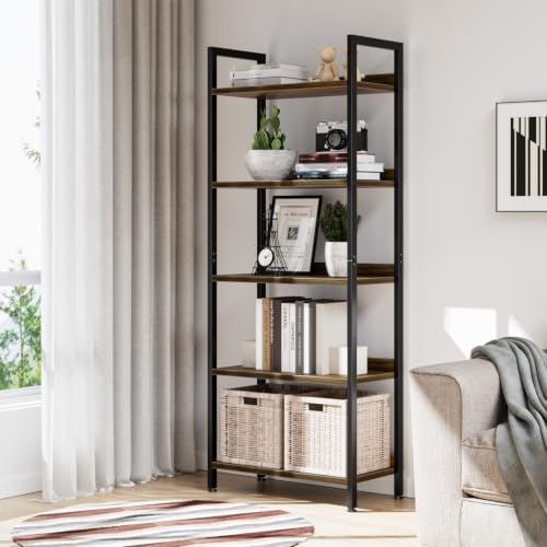 NUMENN Bookshelf, 5 Tier Freestanding Shelving Unit, Dark Walnut - Image 5