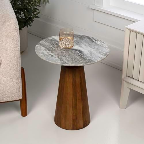 JONATHAN Y Kaito 18" Round White Marble End Table, Honey Wood - Image 2