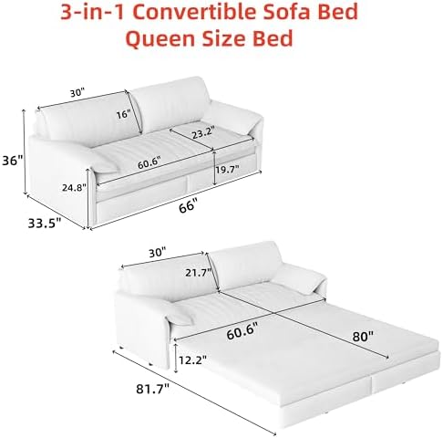 66" Futon Sofa Bed Queen Size, 3-in-1 Convertible Sleeper Sofa - Image 3