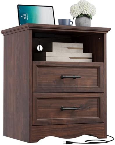 YANSNWO Walnut Nightstand with Charging Station, 19.7" 2-Drawer End Table by YANSNWO