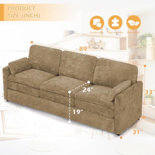 89” Chenille 3-Seater Sofa w/Two Arm Pillows - Image 2
