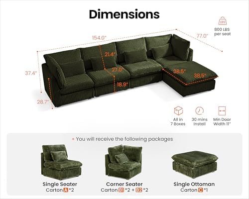 154" Oversize Corduroy Modular Sectional Sofa Couches - Image 2