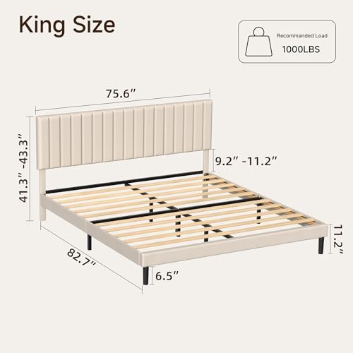 King Velvet Bed Frame with Vertical Channel Tufted Headboard Beige - Image 2