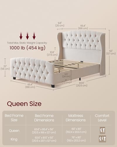 VASAGLE Queen Platform Bed Frame, Upholstered, Wooden Slats - Image 2