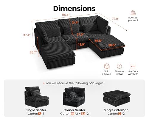 115" Oversize Corduroy Modular Sectional Sofa Couches - Image 2