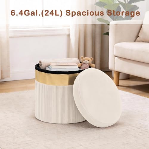 xuperbonus Small Ottoman with Storage, Folding Round Ottoman with Gold Trim - Image 2