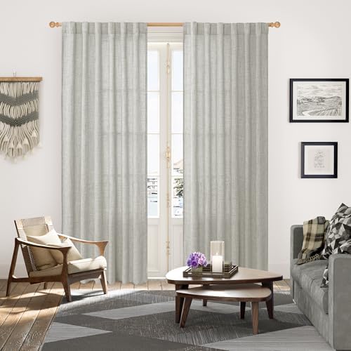 YoungsTex Light Grey Linen Semi Sheer Curtains 84 Inch Length 2 Panels - Image 3
