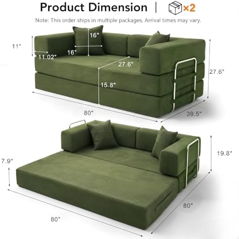 WEUP 5-in-1 Convertible Sofa Bed, Corduroy Floor Sofa Loveseat Sleeper - Image 3