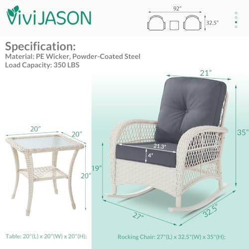 VIVIJASON Outdoor Rocking Chairs Set of 2, 3 Piece Patio Wicker Bistro Set - Image 2