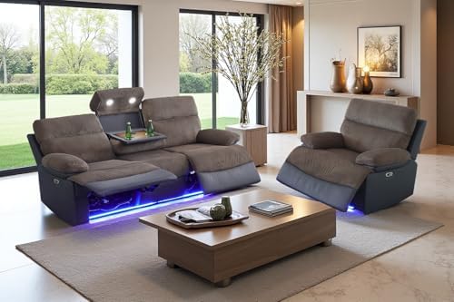 Power Reclining Sofa Set with LED Light, Corduroy Sofa Sectional Couch and by COSYMOORFURNITURE