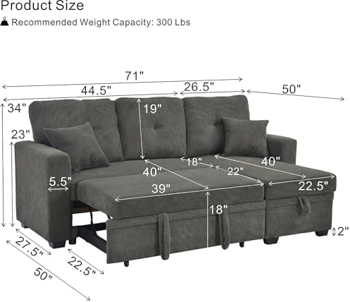 L Shaped Sectional Couch with Storage and Pull Out Bed, 3 Seater Sleeper Sofas - Image 3