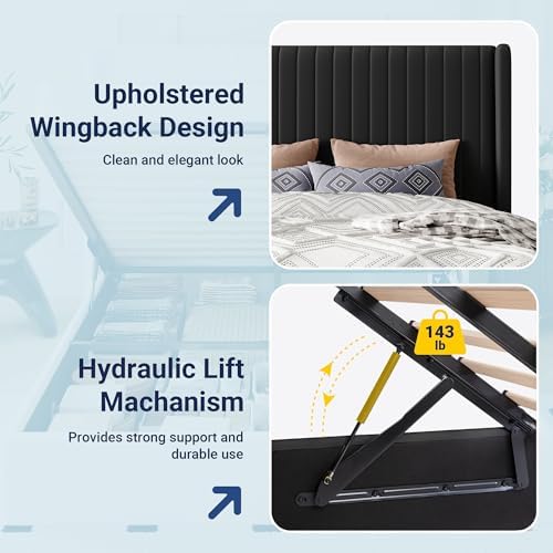 Allewie King Size Lift Up Storage Bed Frame Channel Tufted Headboard Black - Image 6