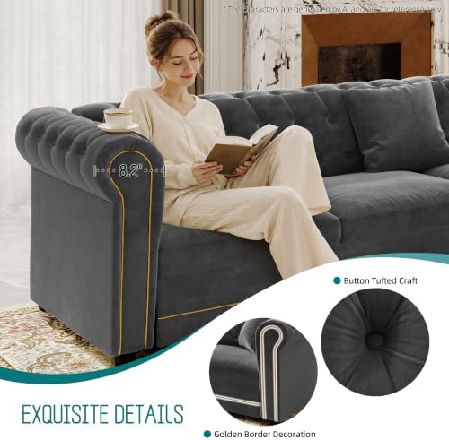 115.3" Velvet L-Shaped Pull-Out Chesterfield Sleeper Sofa Bed, Dark Grey‌ - Image 4