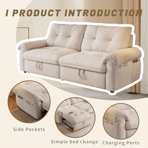 77.2" Sleeper Sofa Bed Full, Pre-Assembled Flannel Pull Out Sofa - Image 4