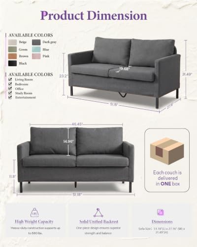 TYBOATLE 51'' Dark Grey Small Couch Loveseat, 2-Seater Linen Sofa - Image 2