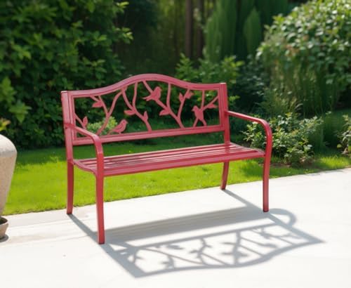 MFSTUDIO 50” Outdoor Garden Bench Cast Iron Metal Bird Pattern Backrest Red by MFSTUDIO