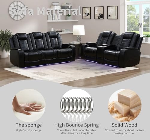 Power Recliner Set with LED Lights, Quilted Air Leather Reclining Set with USB - Image 5