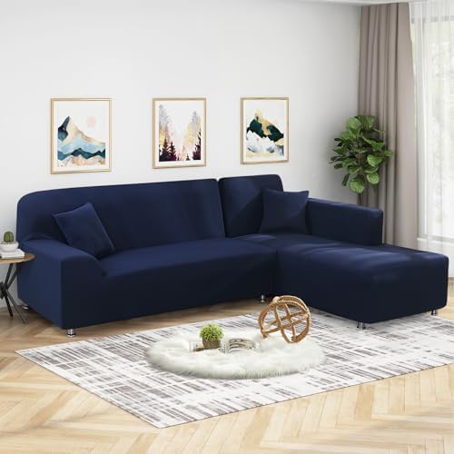 KinCam Sectional Couch Covers Stretch L Shape Sofa Covers, Dark Blue - Image 6