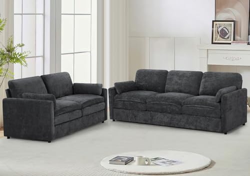Comfy Chenille Sofa Set with Well-Filled Pillows, Dark Grey by LESOFAIR