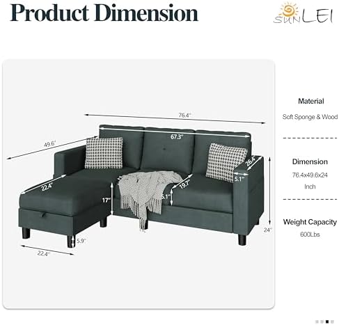 SUNLEI Convertible L-Shaped Sectional Couches - Image 3