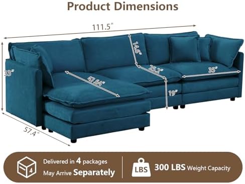 111.5” Modular Sectional Sofa, L Shaped Cloud Couch - Image 2