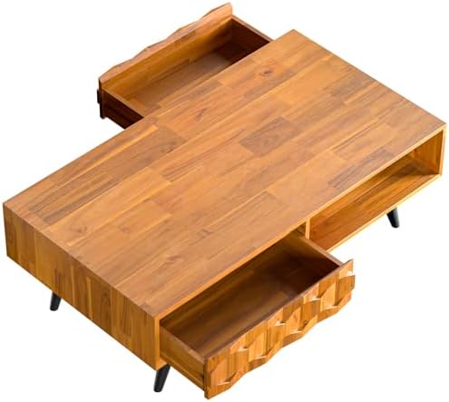 Bme Georgina Solid Wood Coffee Table, 2 Drawers & Open Shelves, Teak Brown - Image 3