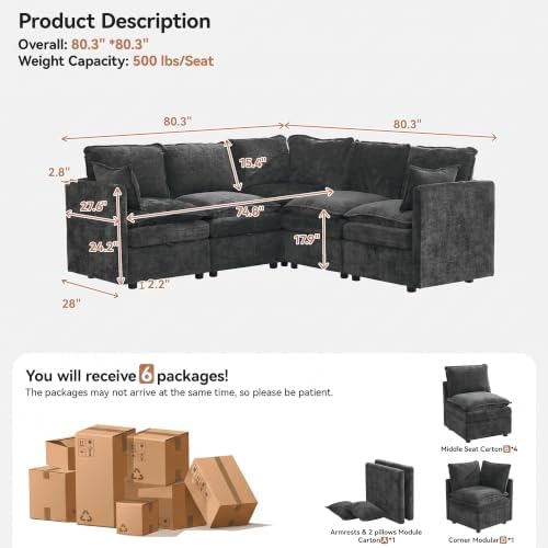 80" Dark Grey Modular Storage Sofa, V Shaped Chenille Cloud Couch - Image 2