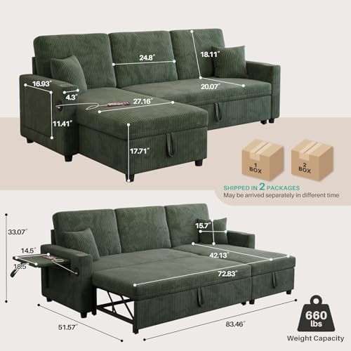83" Sleeper Sectional Sofa, Comfy Convertible Sofa Bed - Image 3